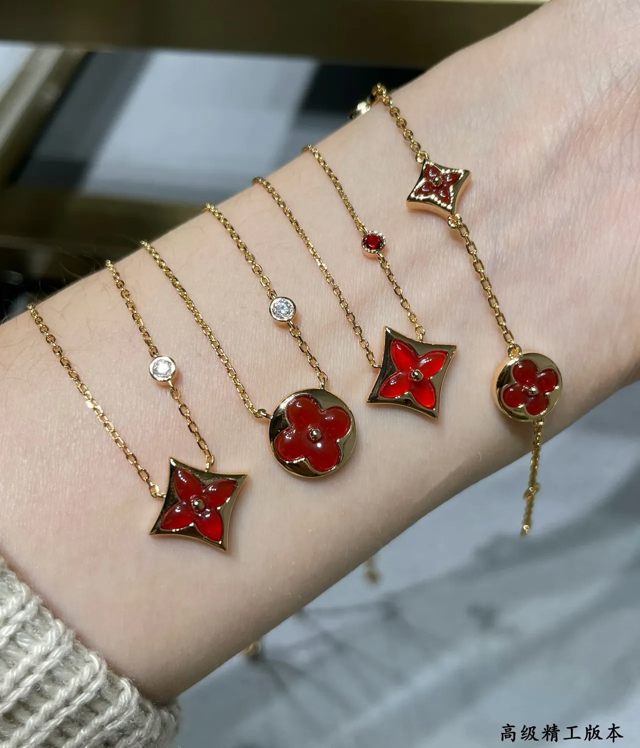 Louis Vuitton Monogram Flower Red Enamel Gold Necklace 5