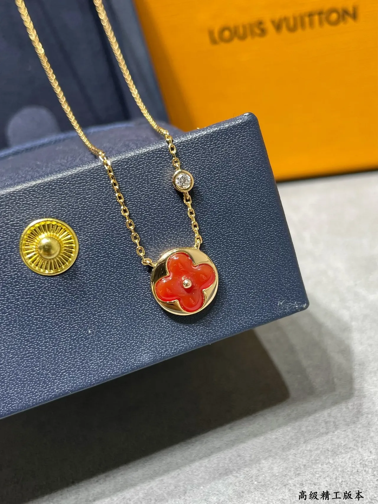 Louis Vuitton Monogram Flower Red Enamel Gold Necklace 7