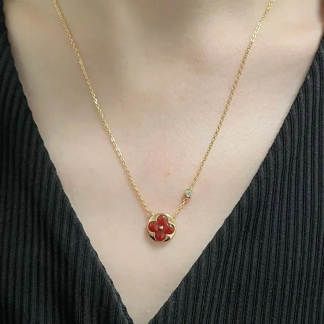 Louis Vuitton Monogram Flower Red Enamel Gold Necklace 9