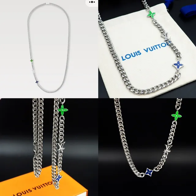 Louis Vuitton Monogram Flower Silver Curb Chain Necklace 8