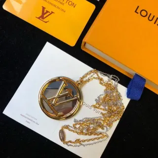 Louis Vuitton Monogram सुनहरा चांदी गोल पेंडेंट दर्पण चेहरा हार