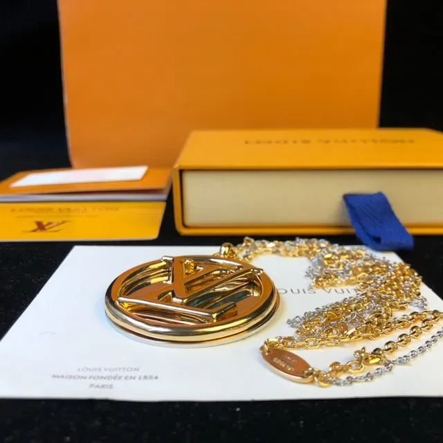 Louis Vuitton Monogram Gold Silver Circular Pendant Mirrored Face Necklace 4