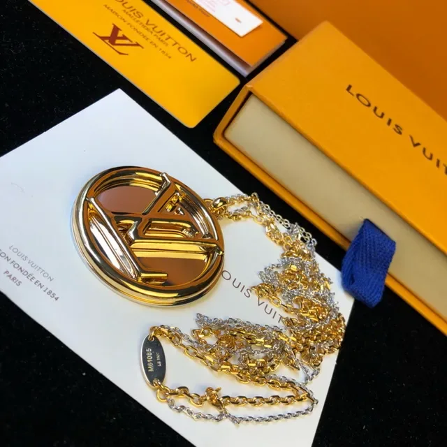 Louis Vuitton Monogram Gold Silver Circular Pendant Mirrored Face Necklace 5