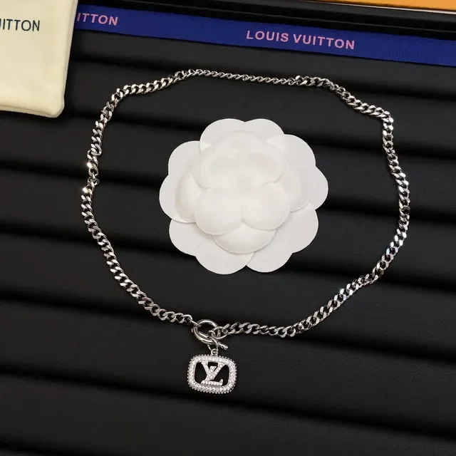 Louis Vuitton Monogram Jewelry Silver Black Curb Chain Pavé Crystal Necklace 6