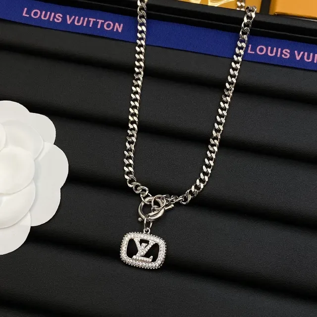 Louis Vuitton Monogram Jewelry Silver Black Curb Chain Pavé Crystal Necklace 7