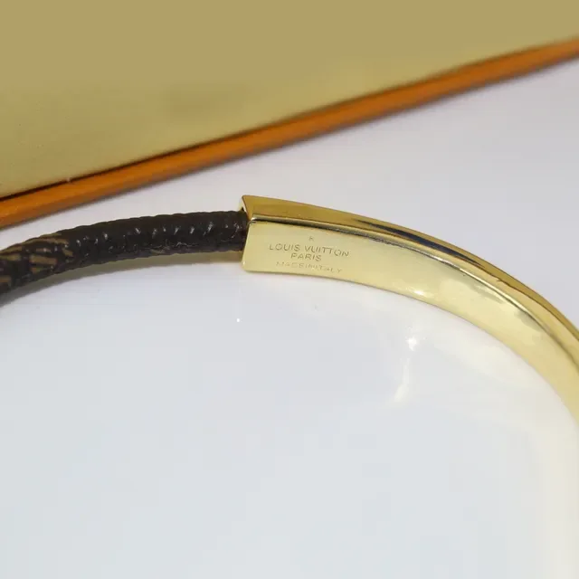Louis Vuitton Monogram Leather Cord Gold-Tone Bangle Bracelet 5