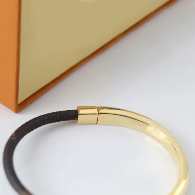 Louis Vuitton Monogram Leather Cord Gold-Tone Bangle Bracelet 6