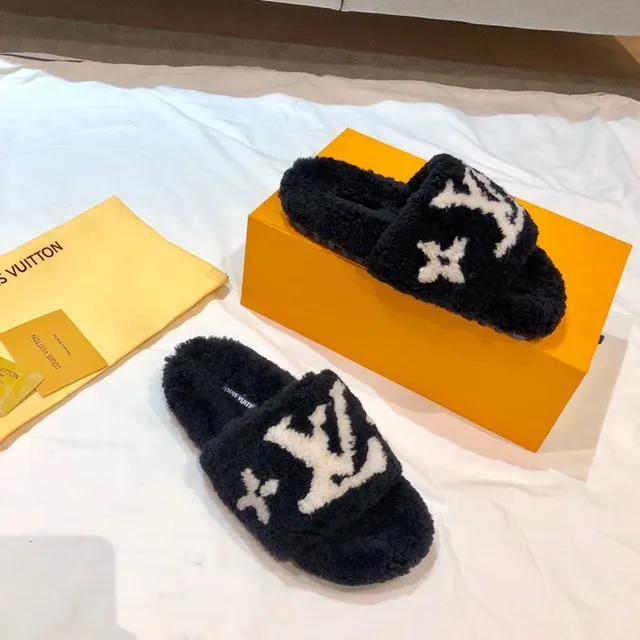 Louis Vuitton Monogram Plush Black and White Slippers 2