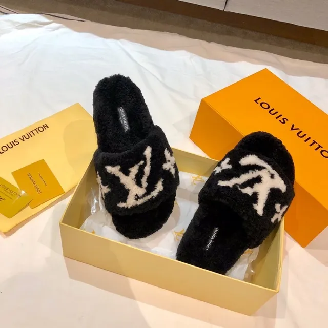 Louis Vuitton Monogram Plush Black and White Slippers 3