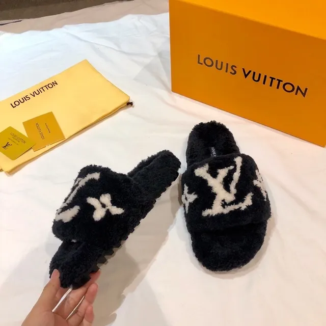 Louis Vuitton Monogram Plush Black and White Slippers 4