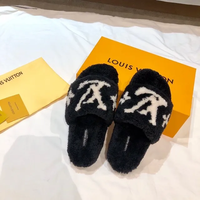 Louis Vuitton Monogram Plush Black and White Slippers 6