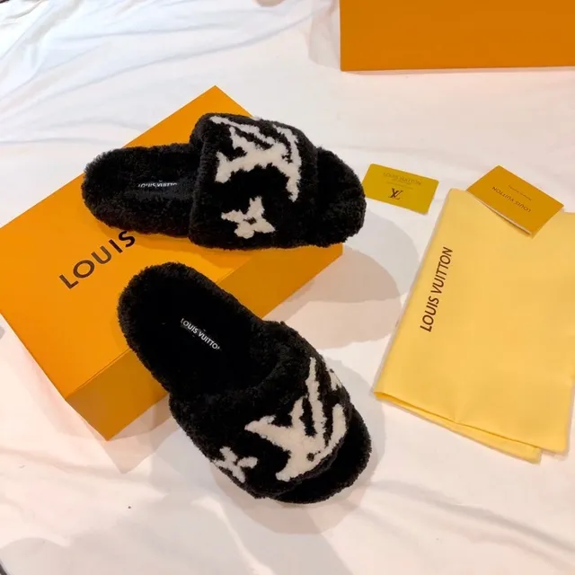 Louis Vuitton Monogram Plush Black and White Slippers 7