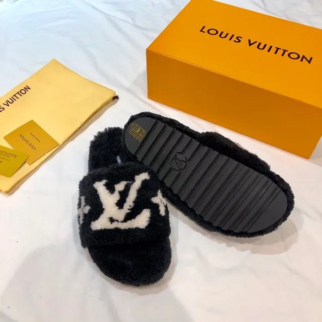 Louis Vuitton Monogram Plush Black and White Slippers 8