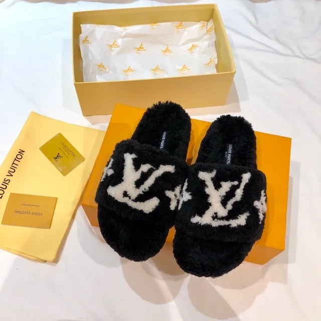 Louis Vuitton Monogram Plush Black and White Slippers 9