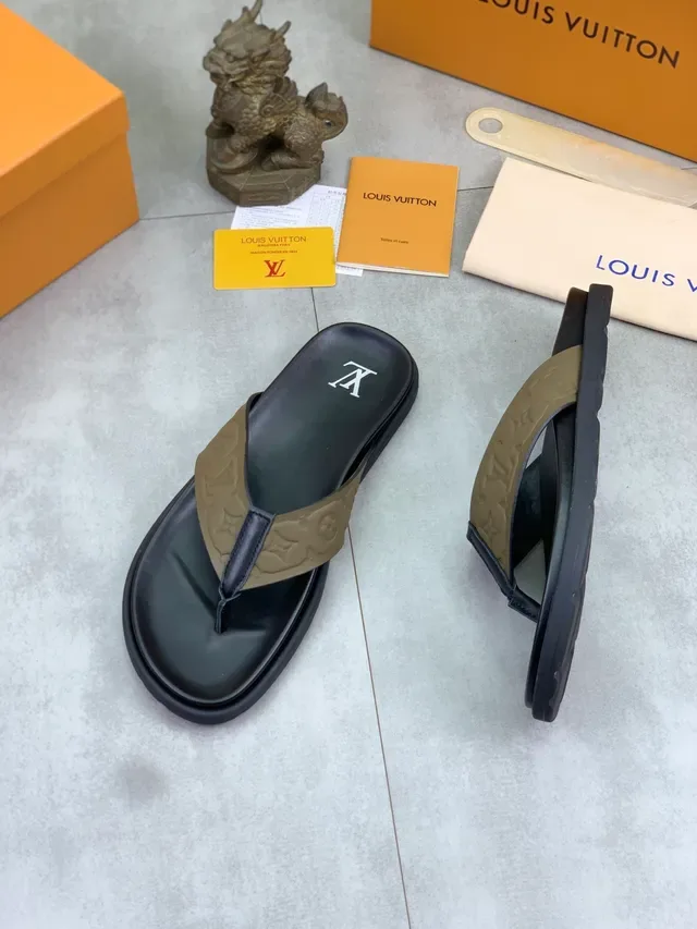 Louis Vuitton Monogram Strap Black and Olive Green Slippers 5