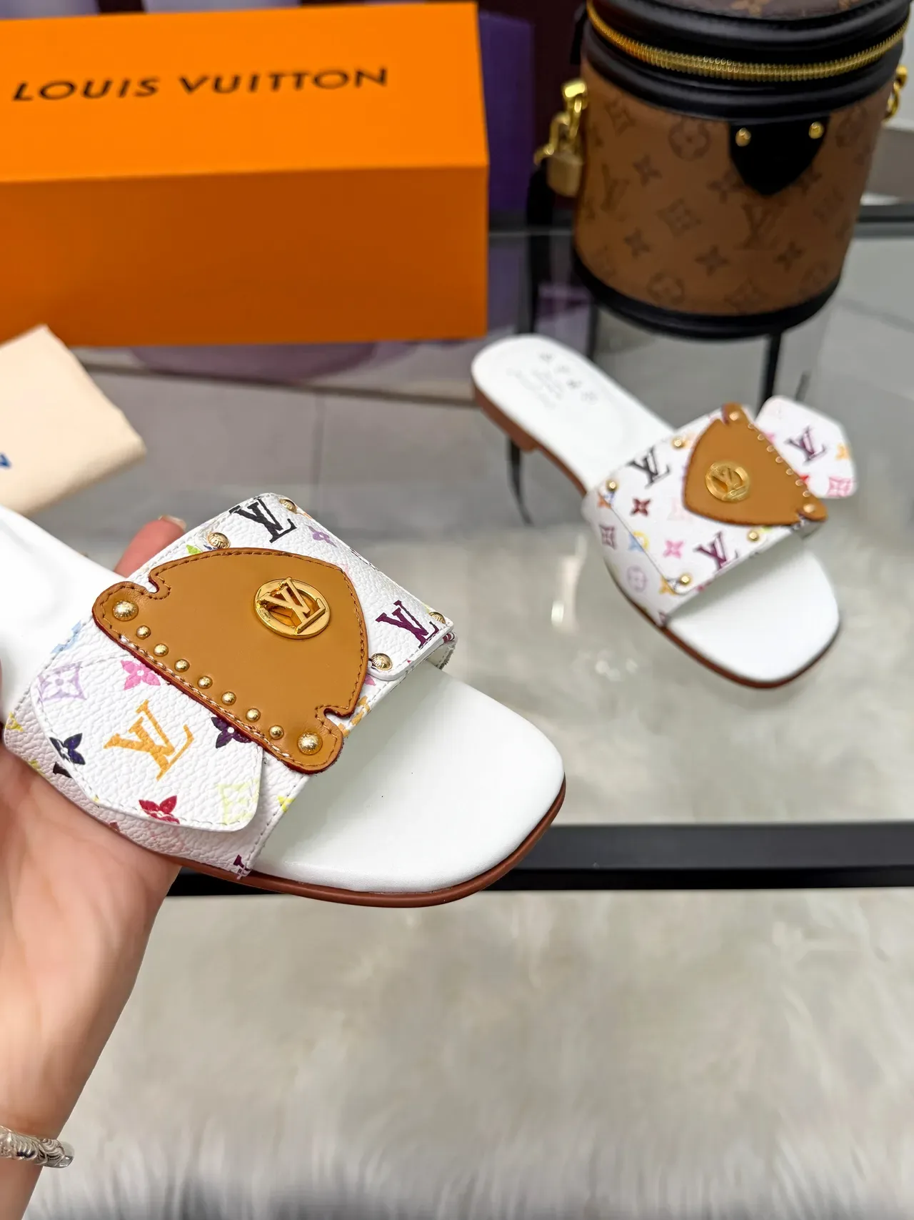 Louis Vuitton Multicolor Beige Flat Slide Monogram Canvas Slippers 5