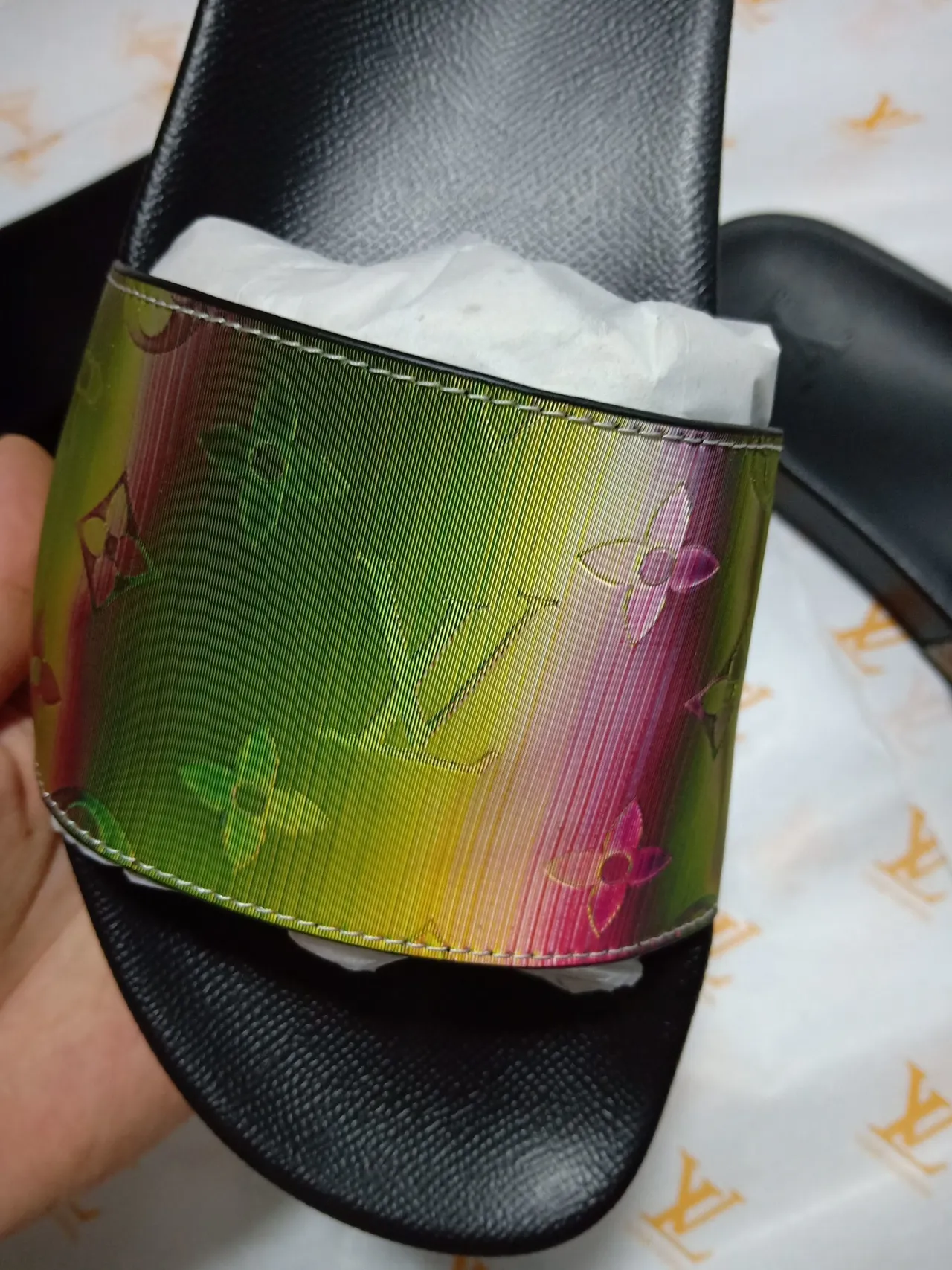 Louis Vuitton Multicolor Black Iridescent Monogram Strap Embossed LV Footbed Slippers 4