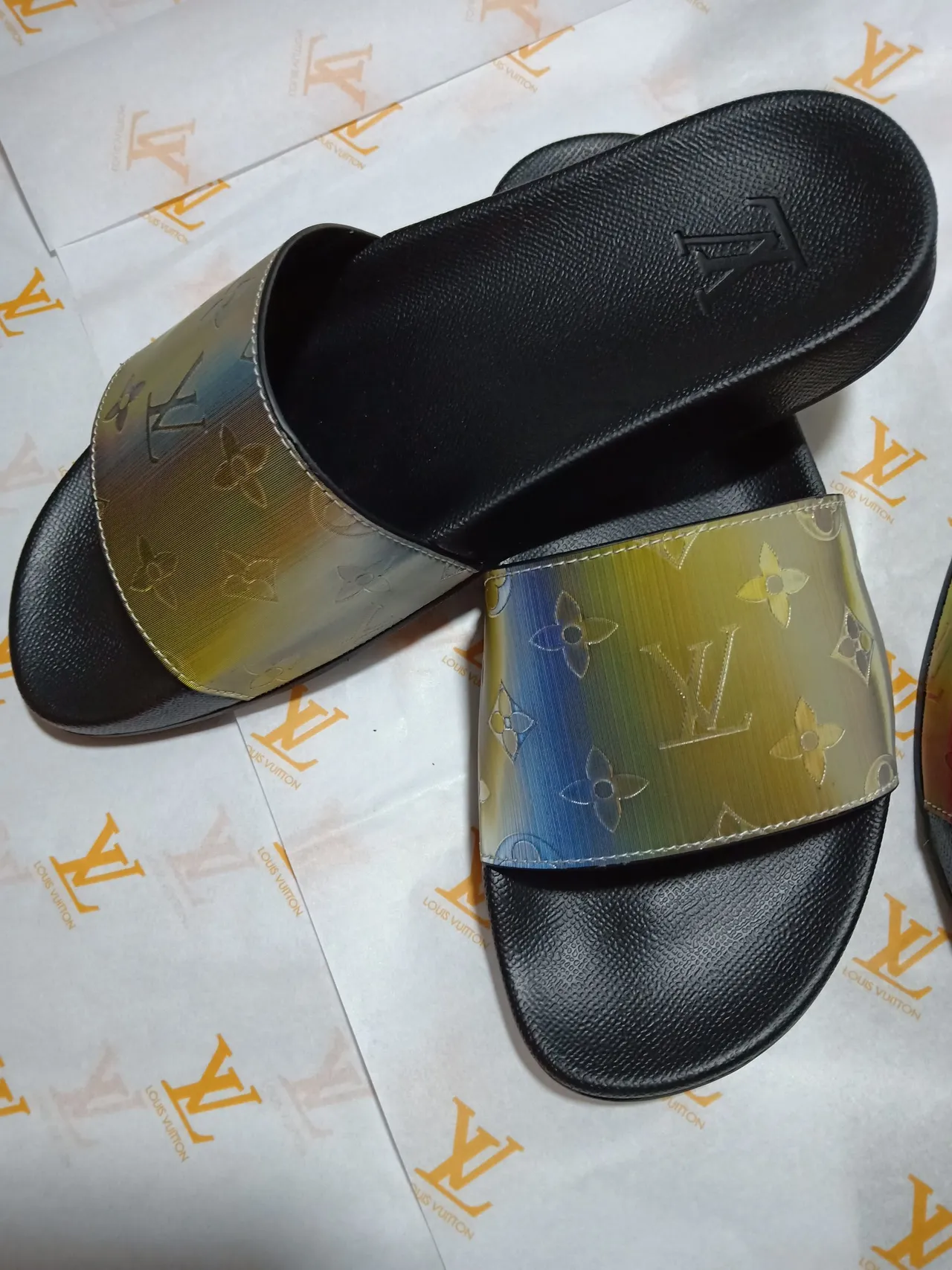 Louis Vuitton Multicolor Black Iridescent Monogram Strap Embossed LV Footbed Slippers 5