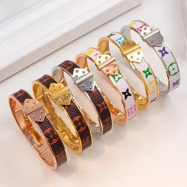 Louis Vuitton Multicolor Gold Hinged Cuff Monogram-Printed Leather Bracelet 1
