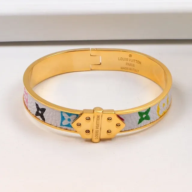 Louis Vuitton Multicolor Gold Hinged Cuff Monogram-Printed Leather Bracelet 5