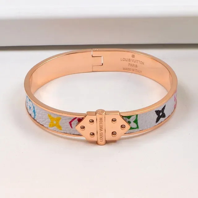 Louis Vuitton Multicolor Gold Hinged Cuff Monogram-Printed Leather Bracelet 6