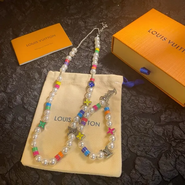 Louis Vuitton Multicolor White Pearl-Strand Enamel-Charm Necklace 9