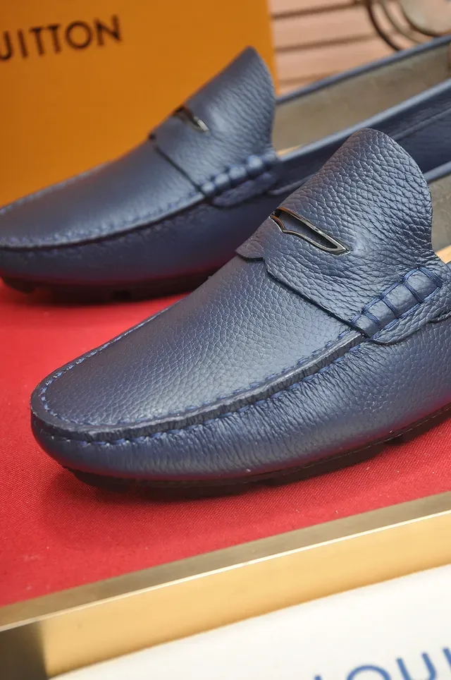 Louis Vuitton Navy Beige Pebbled Leather Penny Strap Loafer 2