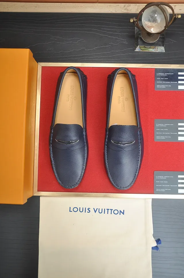 Louis Vuitton Navy Beige Pebbled Leather Penny Strap Loafer 5