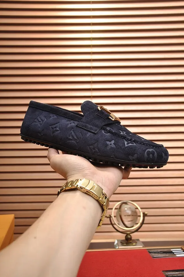 Louis Vuitton Navy Gold Monogrammed Suede Twist-Lock Buckle Loafer 7