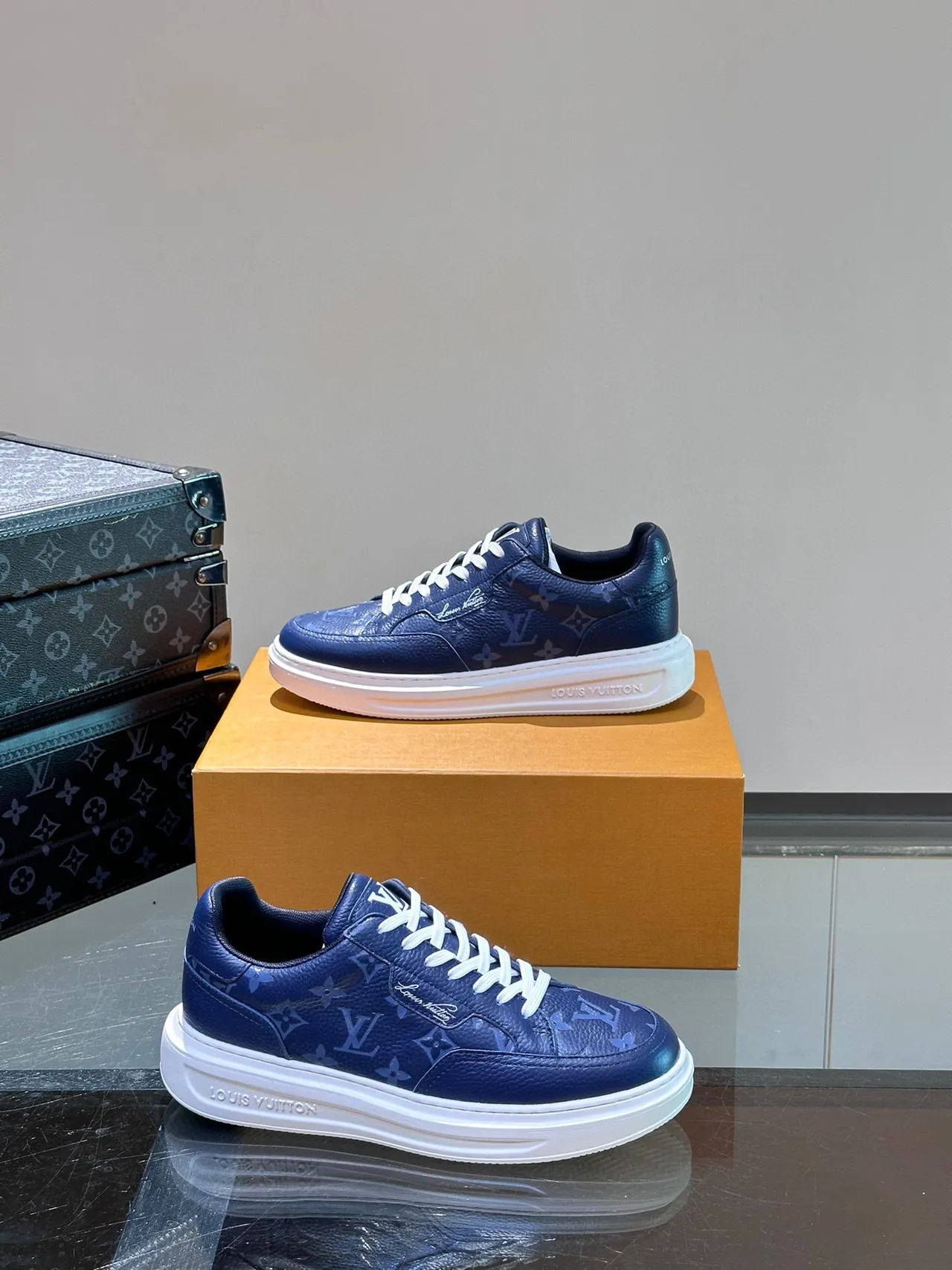Louis Vuitton Navy White Monogram Leather Platform Sole Lifestyle Sneakers 4