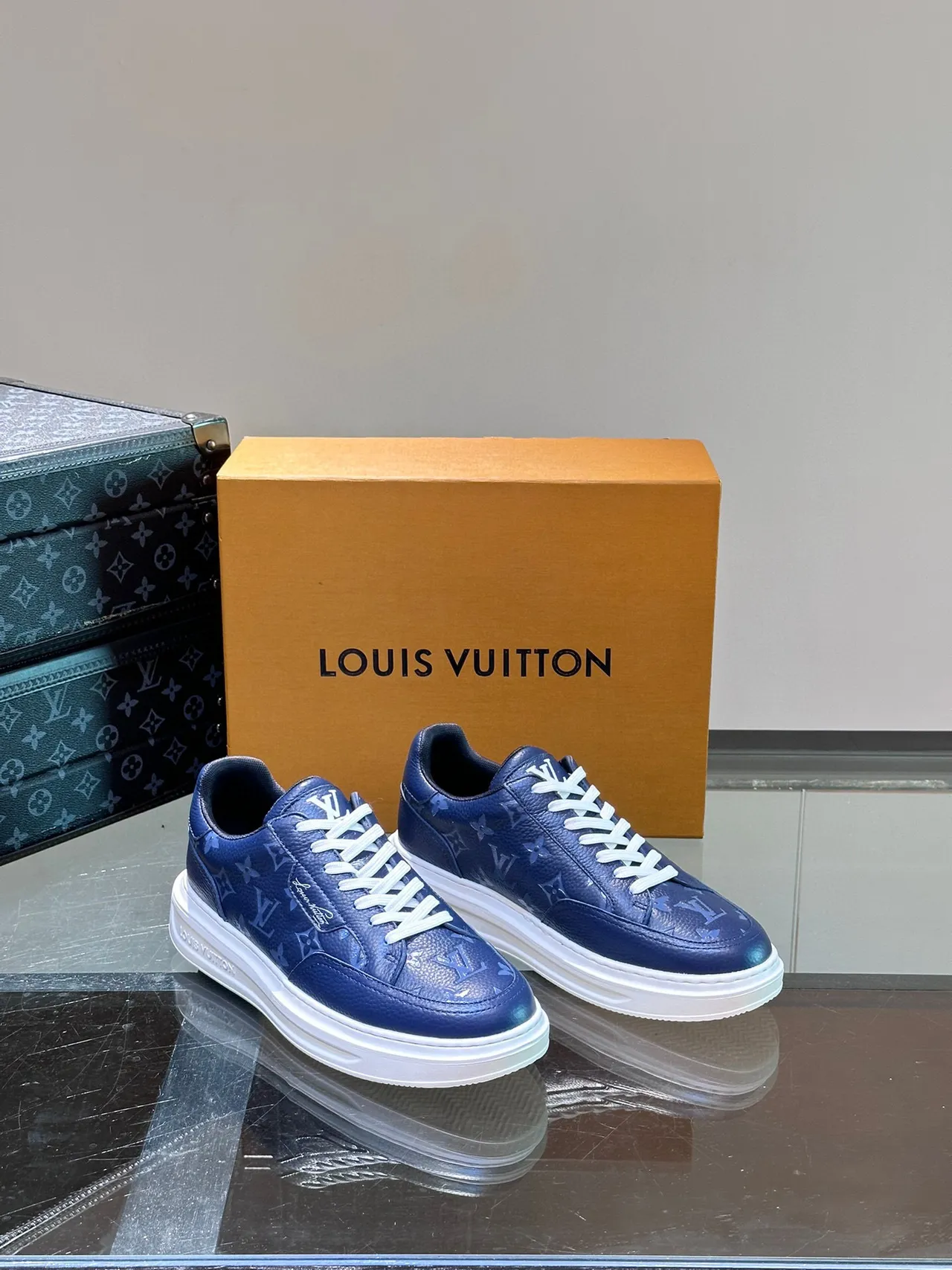 Louis Vuitton Navy White Monogram Leather Platform Sole Lifestyle Sneakers 5