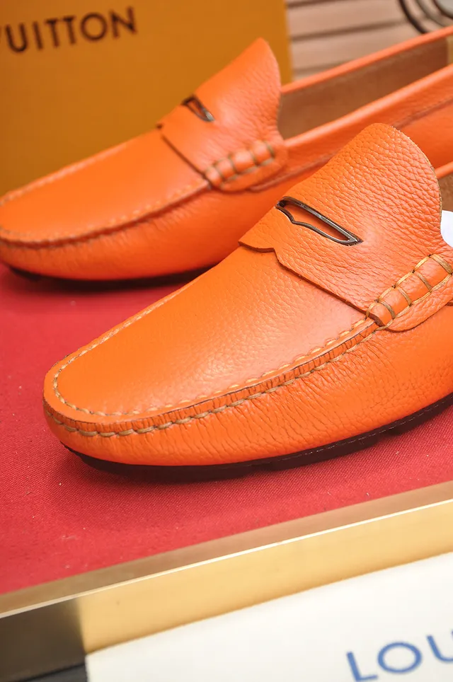 Louis Vuitton Couro Granulado Laranja Marrom Cinto Penny Loafer 2