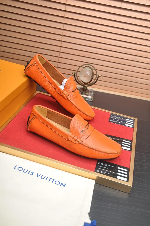 Louis Vuitton Couro Granulado Laranja Marrom Cinto Penny Loafer 4