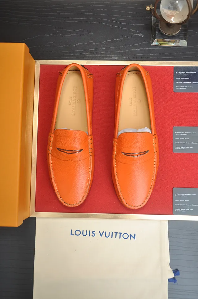 Louis Vuitton Couro Granulado Laranja Marrom Cinto Penny Loafer 5