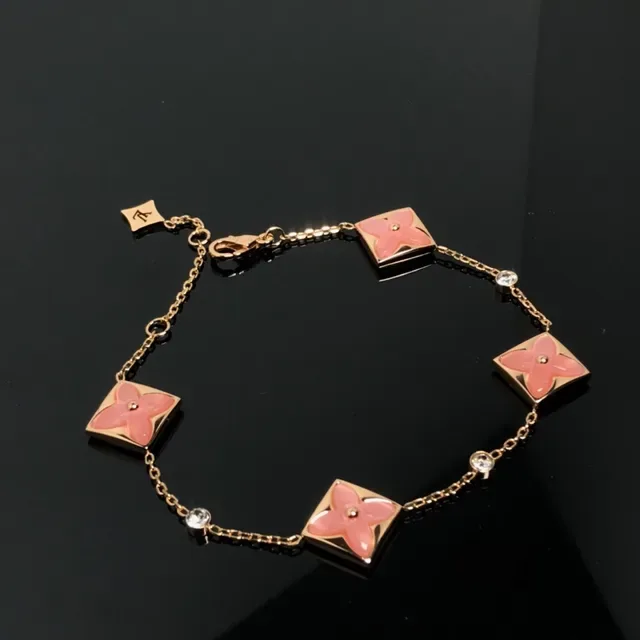 Louis Vuitton Pink Gold Chain Square Enamel Flower Motifs Bracelet 3
