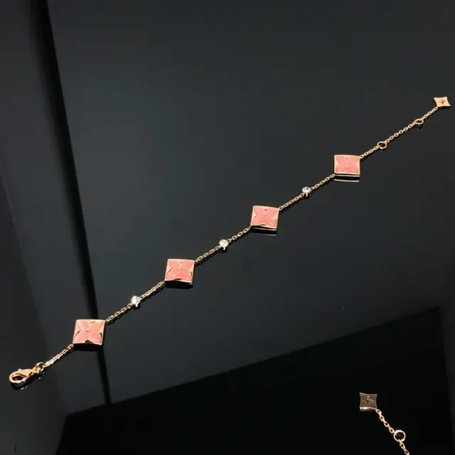 Louis Vuitton Pink Gold Chain Square Enamel Flower Motifs Bracelet 4