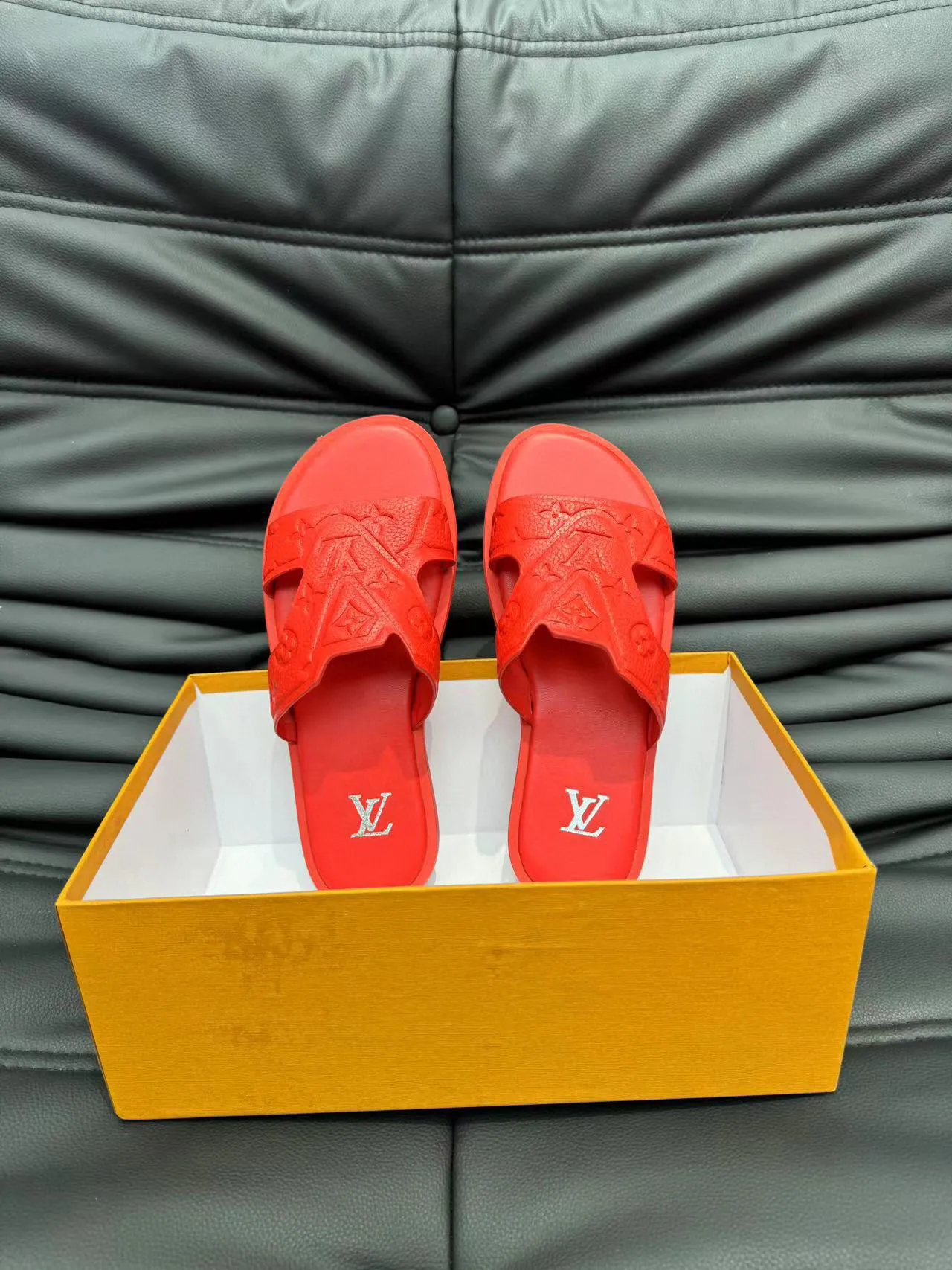 Louis Vuitton Red Molded Rubber Embossed Monogram Slippers 4