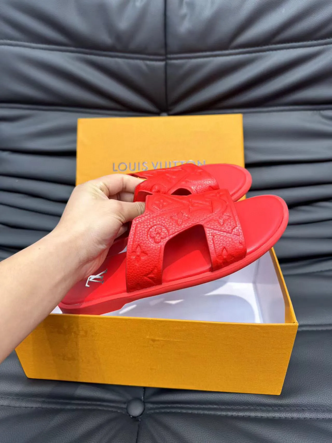 Louis Vuitton Red Molded Rubber Embossed Monogram Slippers 5