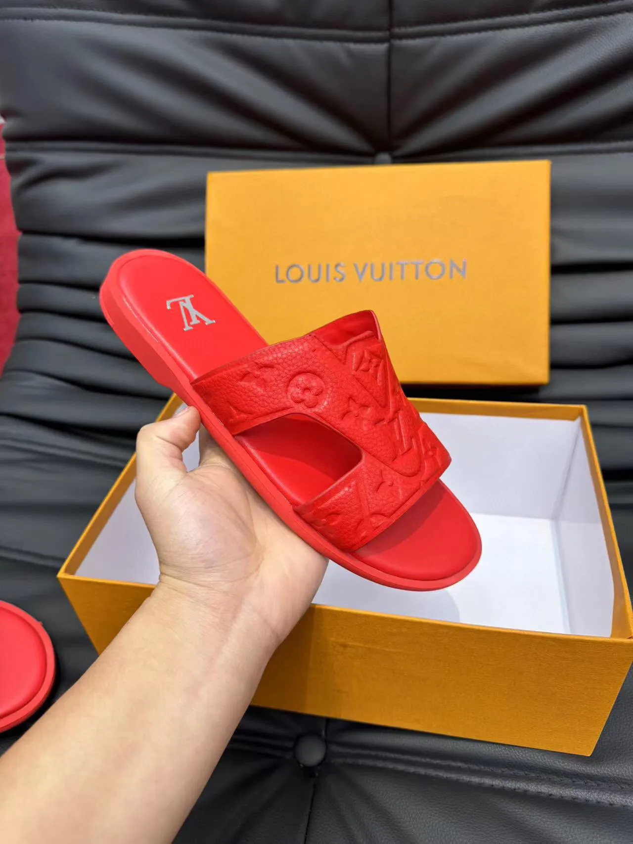 Louis Vuitton Red Molded Rubber Embossed Monogram Slippers 6