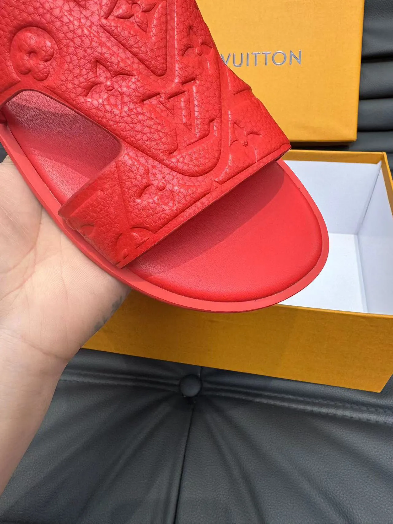 Louis Vuitton Red Molded Rubber Embossed Monogram Slippers 7