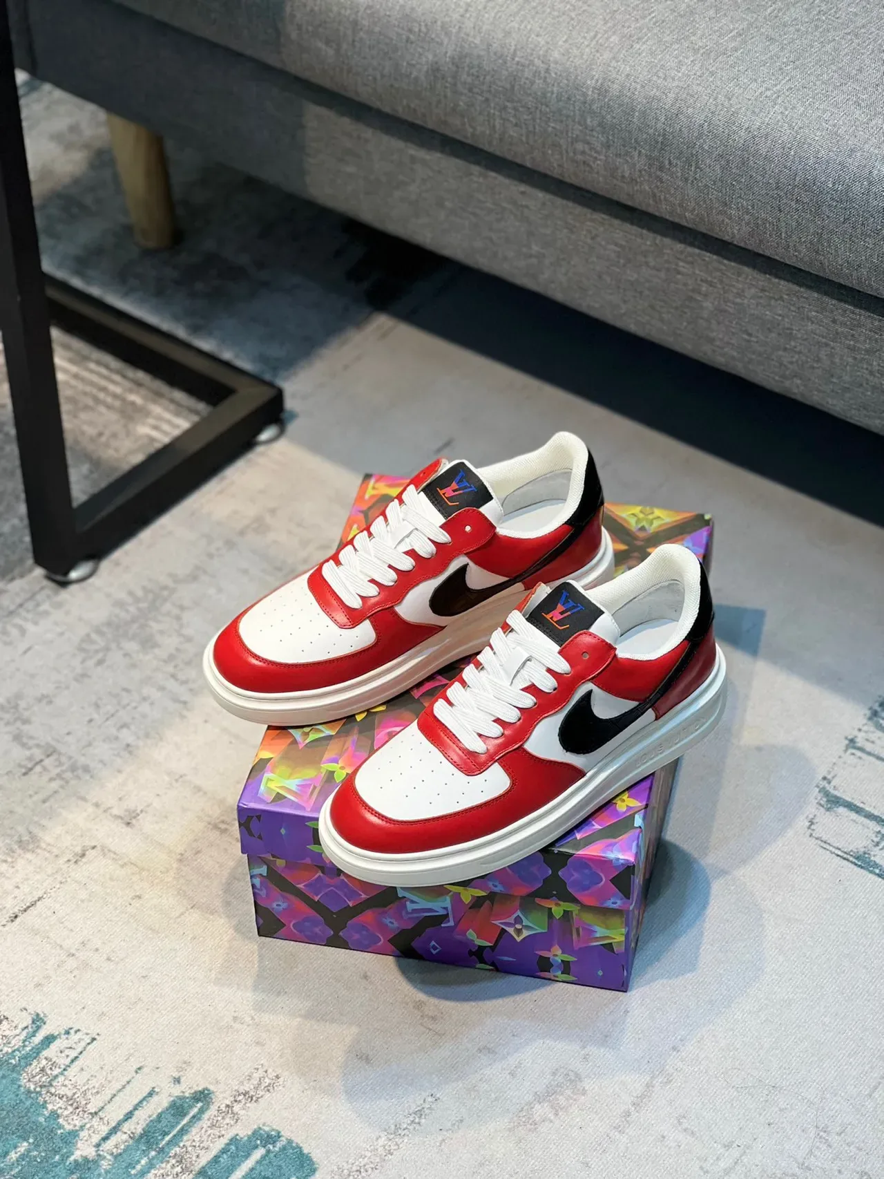 Louis Vuitton Red White Color-Blocked Upper Perforated Toebox Sneakers 7