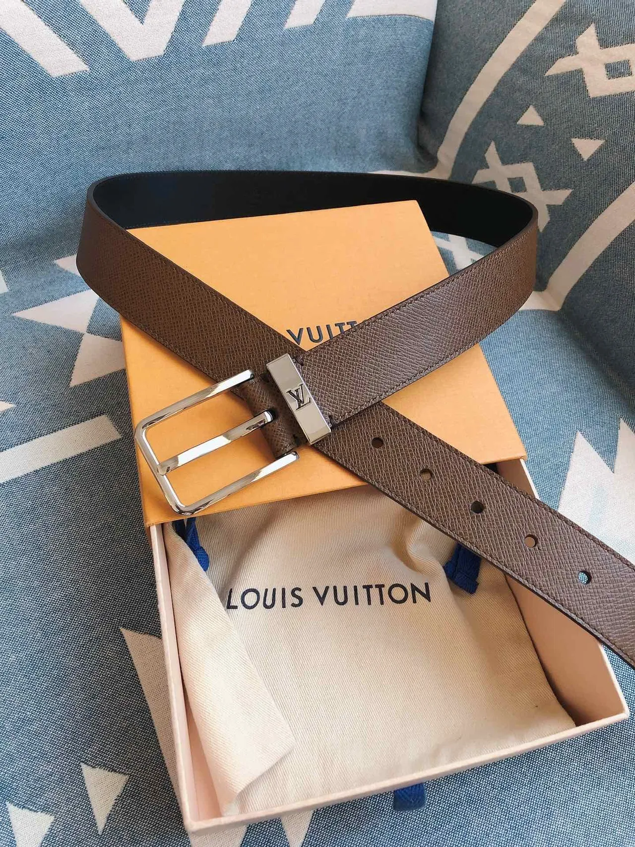Louis Vuitton Reversible Belt Brown Silver Textured Leather Belt 3