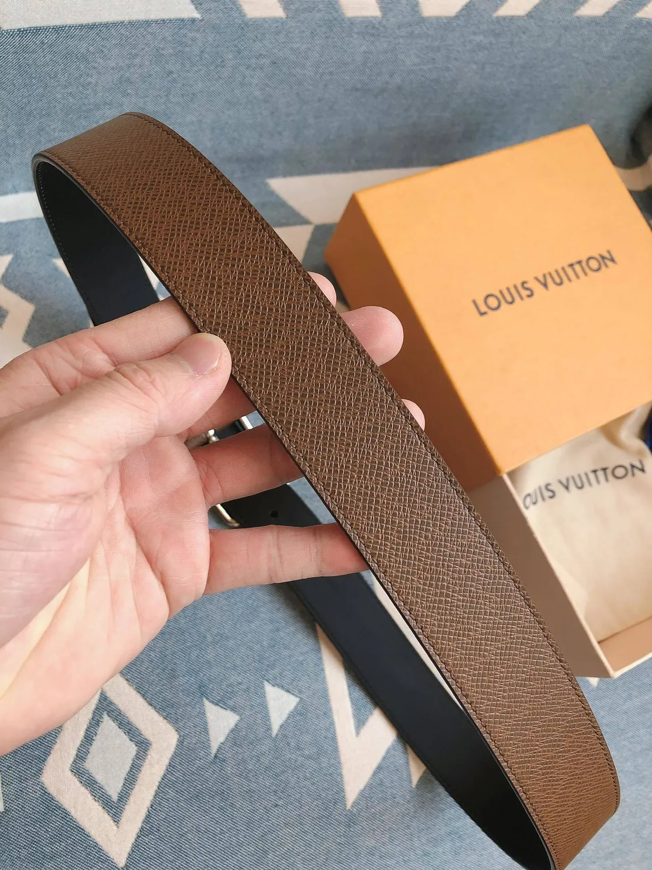 Louis Vuitton Reversible Belt Brown Silver Textured Leather Belt 5