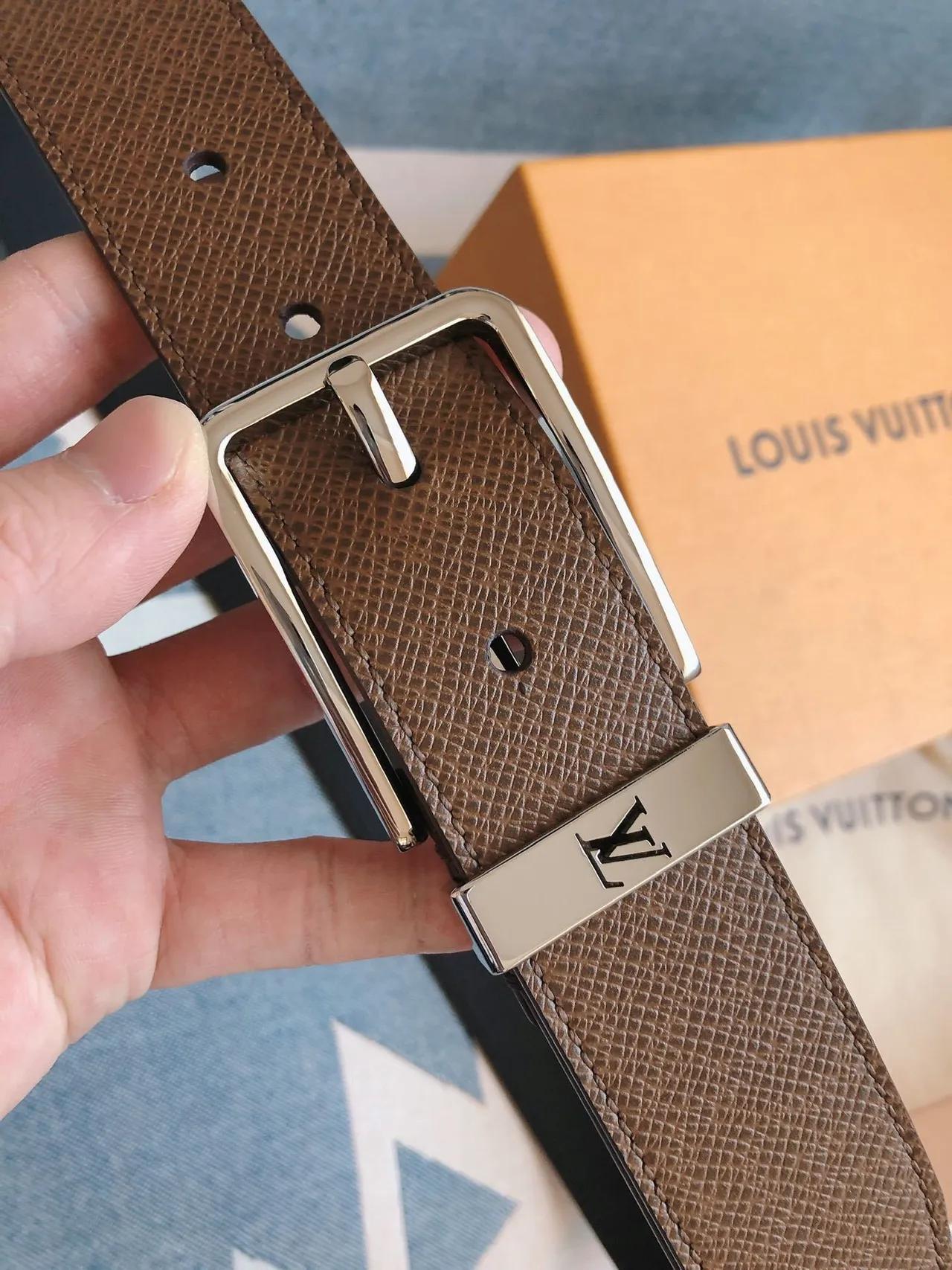 Louis Vuitton Reversible Belt Brown Silver Textured Leather Belt 7