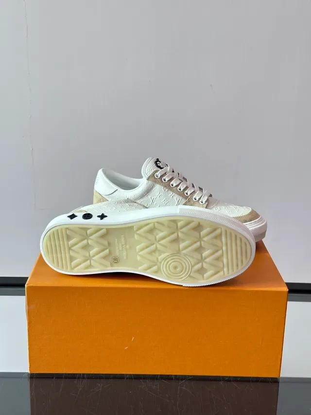 Louis Vuitton Run Away Beige White Monogram Canvas Layered Textile And Leather sneakers lifestyle 2