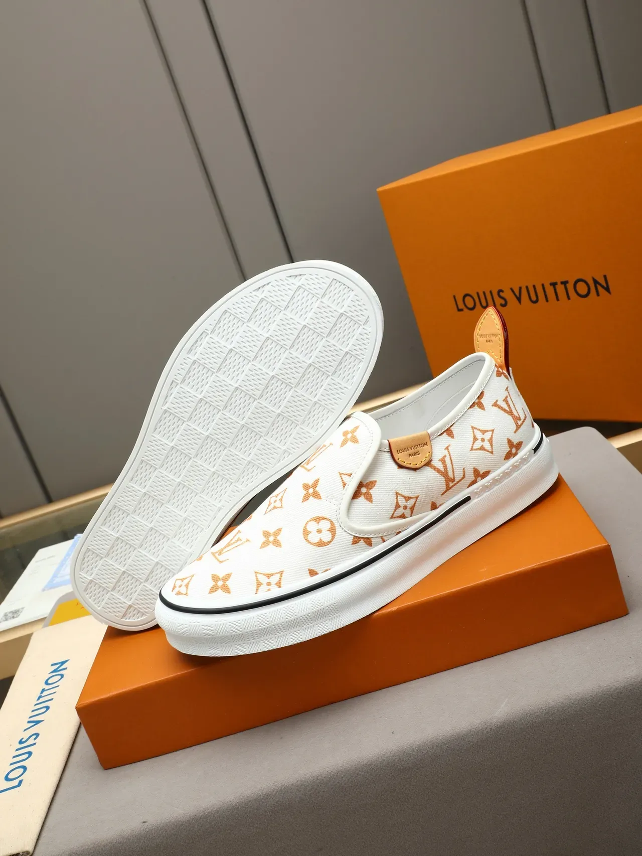 Louis Vuitton Run Away White Orange Monogram-Print Canvas Slip-On Construction Lifestyle Sneakers 5