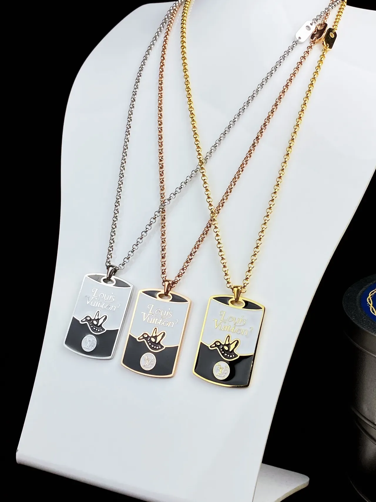 Louis Vuitton Silver Gold Dog-Tag Silhouette Enamel Two-Tone Finish Necklace 1