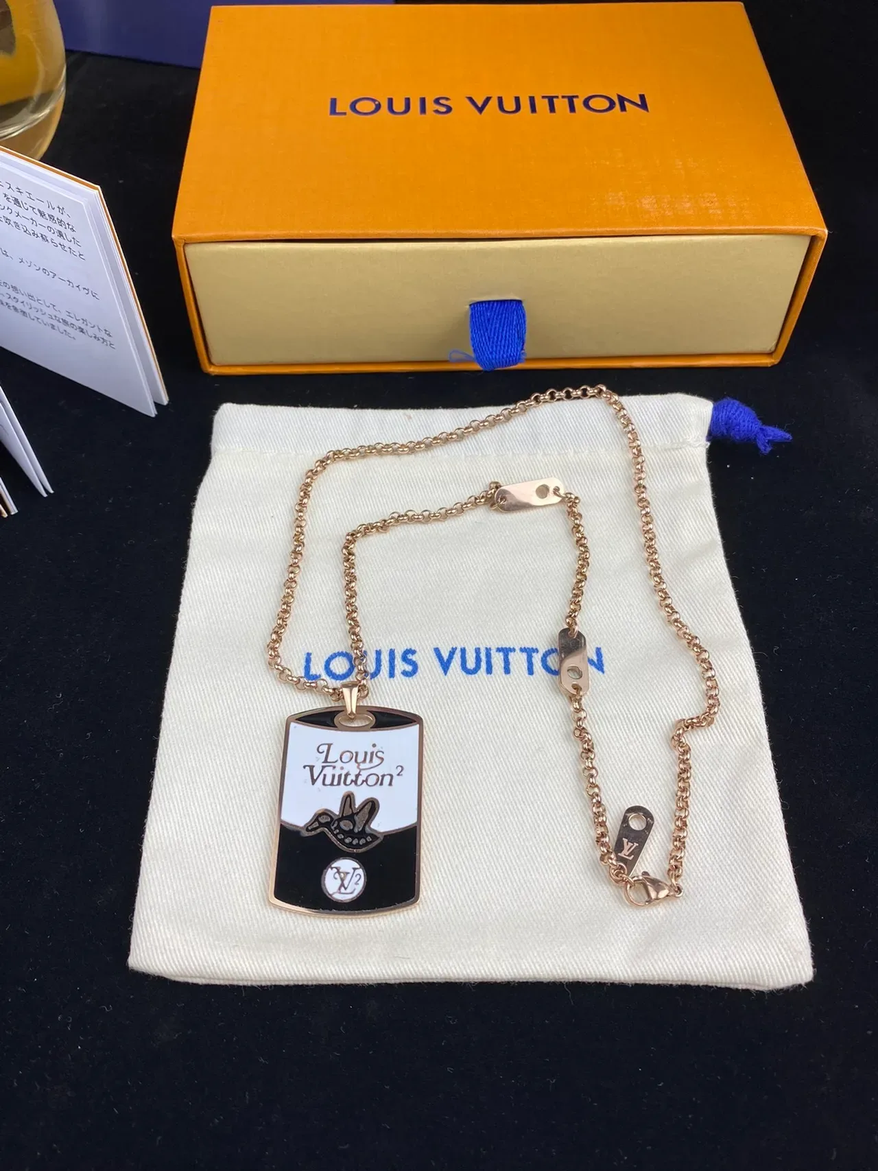 Louis Vuitton Silver Gold Dog-Tag Silhouette Enamel Two-Tone Finish Necklace 2