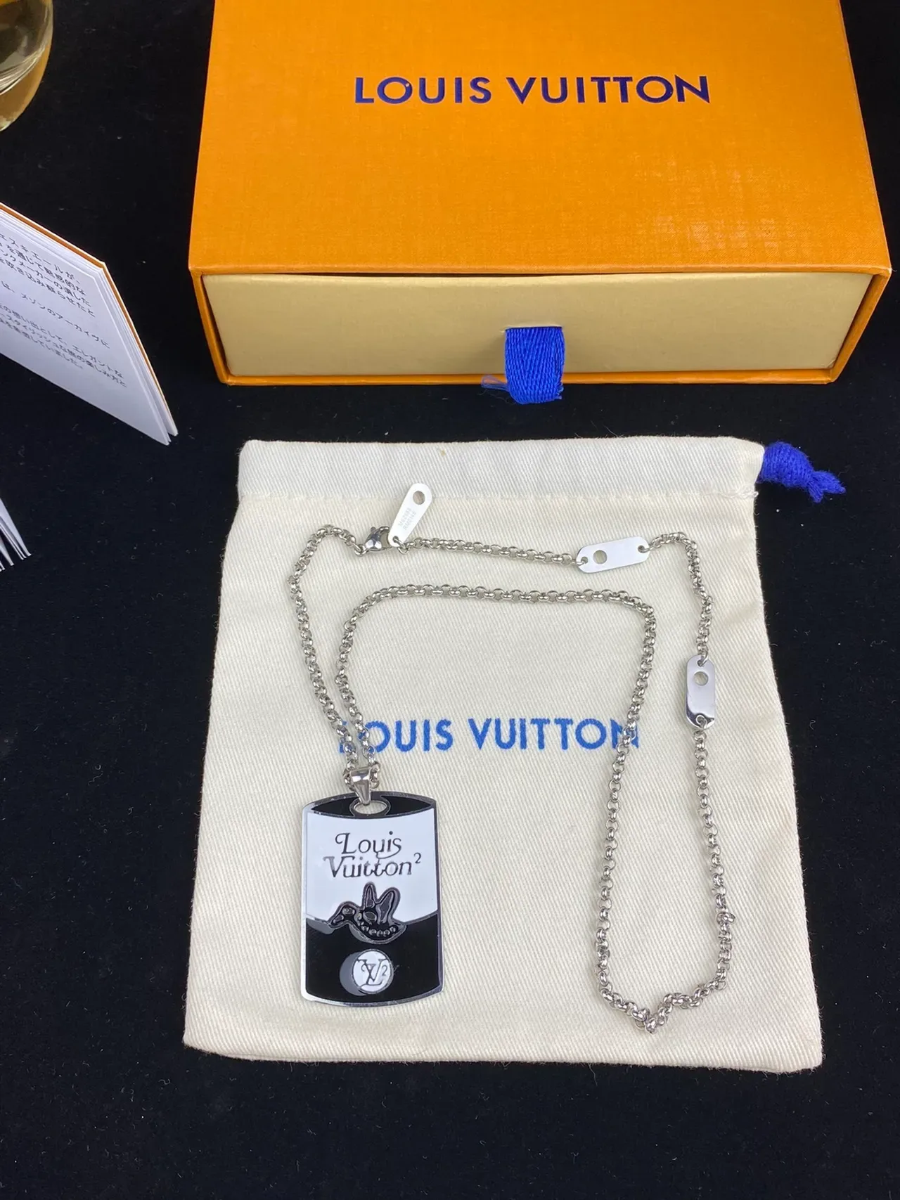 Louis Vuitton Silver Gold Dog-Tag Silhouette Enamel Two-Tone Finish Necklace 3