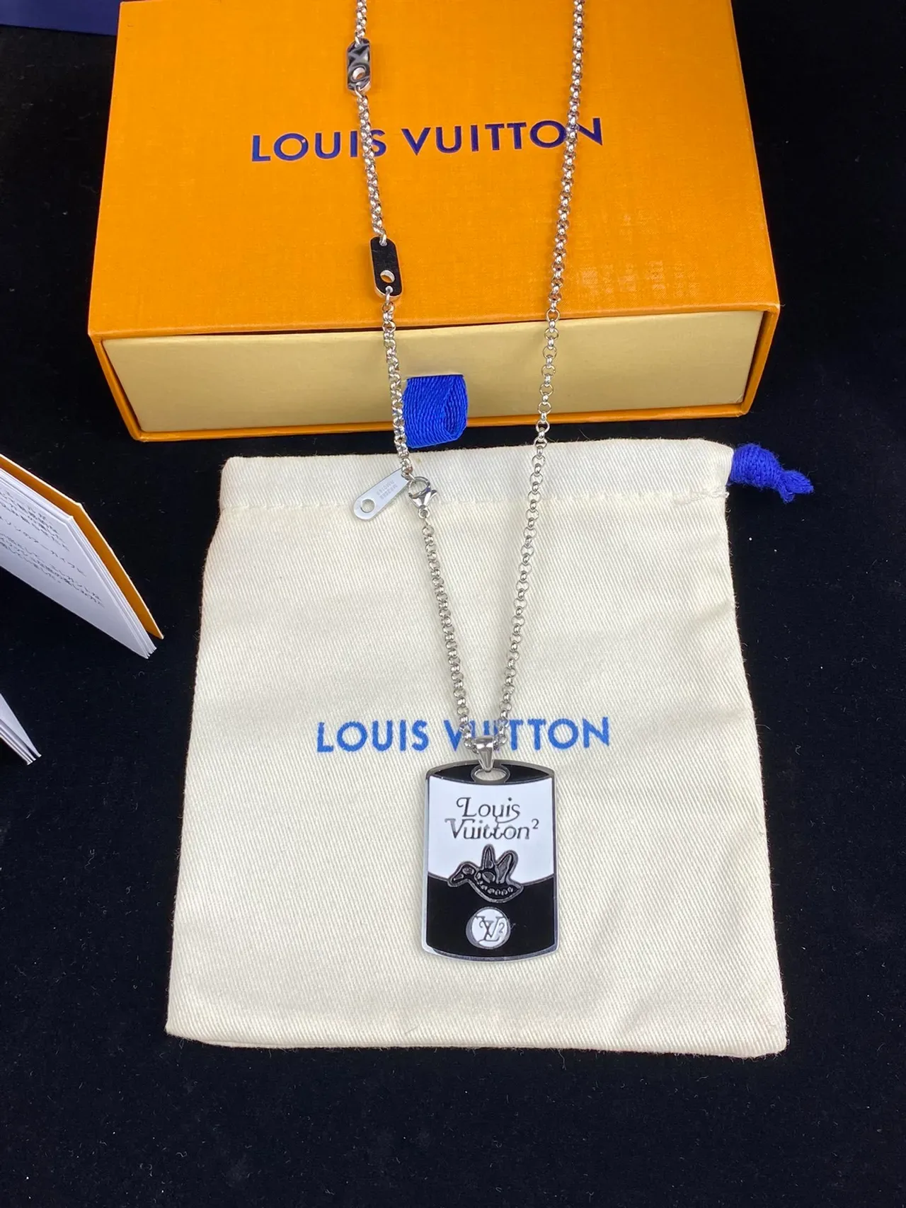 Louis Vuitton Silver Gold Dog-Tag Silhouette Enamel Two-Tone Finish Necklace 4